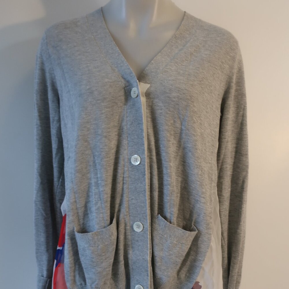 Women Sacai White Multicolor Floral Mixed Media Knit V-Neck Cardigan Sweater L - Picture 6 of 14